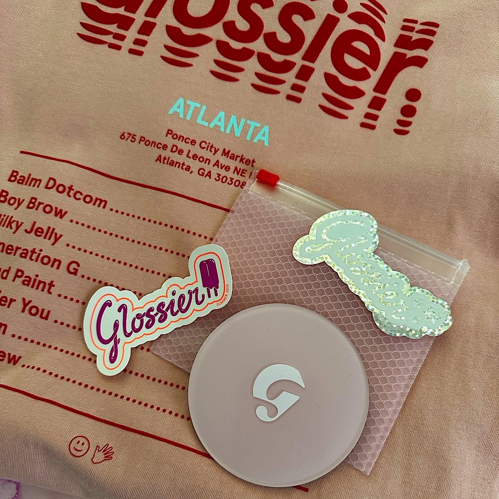 Glossier Atlanta Shirt, Mirror and Stickers Limited Edition Items Bundle